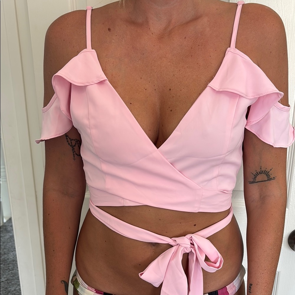 Pink Ruffled Wrap Crop Top with Tie Front
